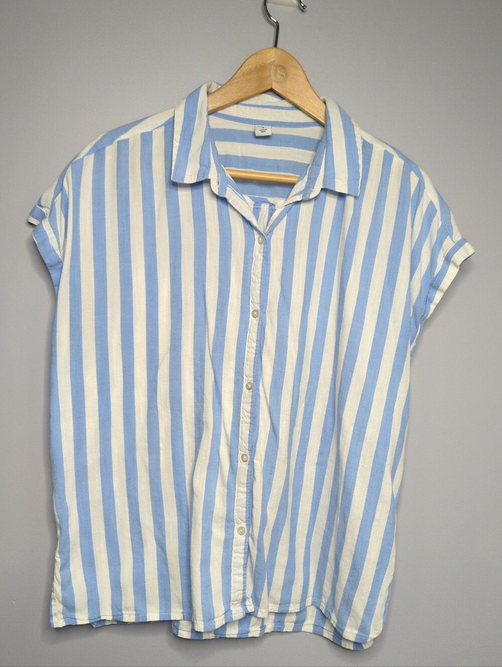 Old Navy Striped Cap-Sleeve Button-Down Blouse Blue & White Cotton Blend Size L